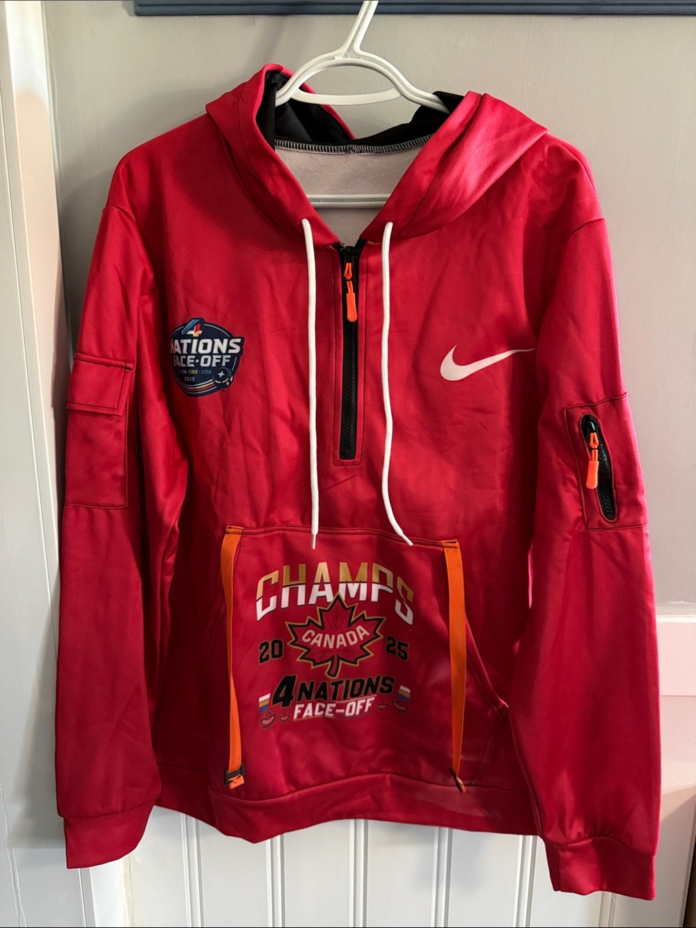 Red Hooded Champs Pullover with White Swoosh & Orange Accents